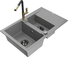 Mexen Gaspar 1.5-bowl granite sink with drainer and Flora kitchen faucet, gray - 6507-71-670401-57-B