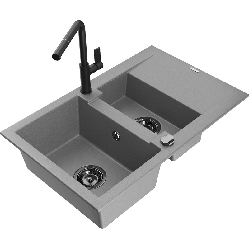 Mexen Gaspar granitische spoelbak 1,5-kamer met afdruiprek en keukenkraan Flora, grijs - 6507-71-670401-70-B