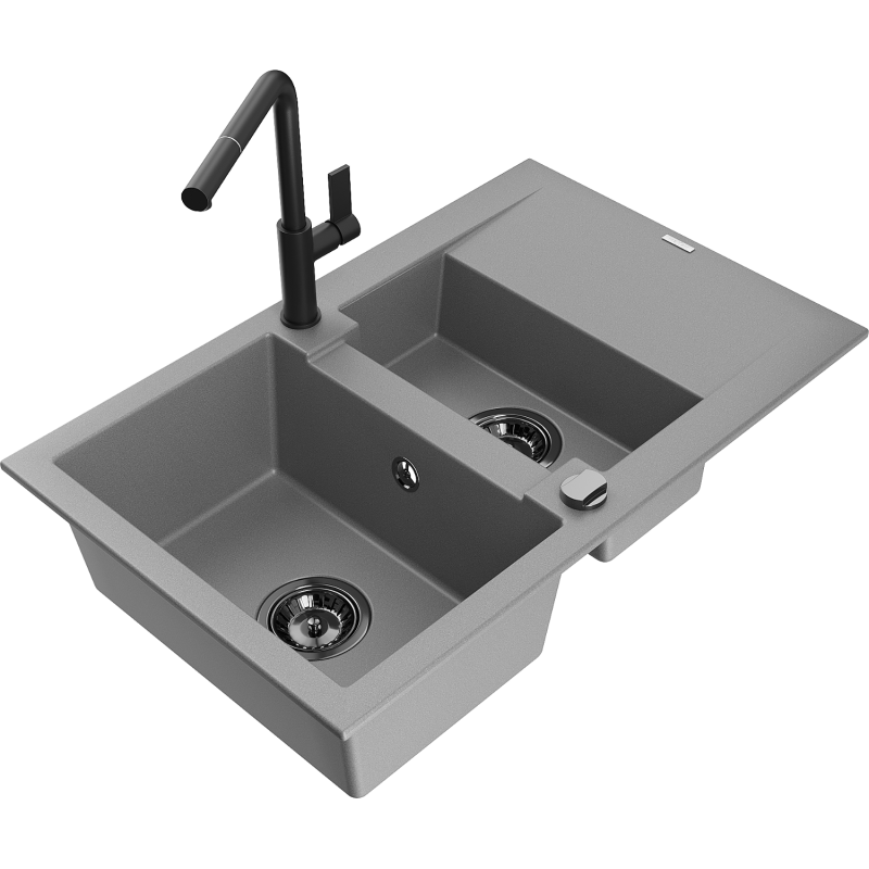 Mexen Gaspar lava-loiça de granito 1,5 cubas com escorredor e torneira de cozinha Flora, cinza - 6507-71-670401-70-B