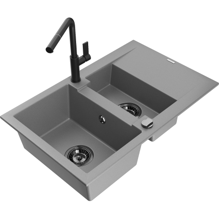 Mexen Gaspar 1,5-fach Spülbecken aus Granit mit Abtropffläche und Küchenarmatur Flora, grau - 6507-71-670401-70-B