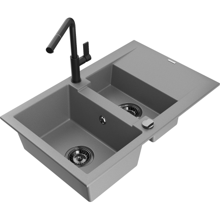 Mexen Gaspar granite sink 1.5-bowl with drainer and Flora kitchen tap, grey - 6507-71-670401-70-B