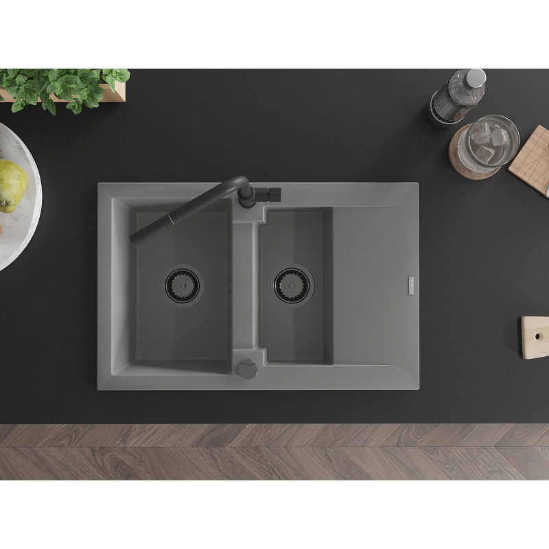 Mexen Gaspar granite sink 1.5-bowl with drainer and Flora kitchen tap, grey - 6507-71-670401-70-B