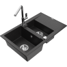 Mexen Gaspar Granitspüle 1,5-Becken mit Abtropffläche und Küchenarmatur Flora, schwarz/silber - 6507-73-670401-00