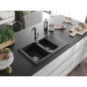 Mexen Gaspar Granitspüle 1,5-beckig mit Abtropffläche und Küchenarmatur Flora, schwarz/silber - 6507-73-670401-07