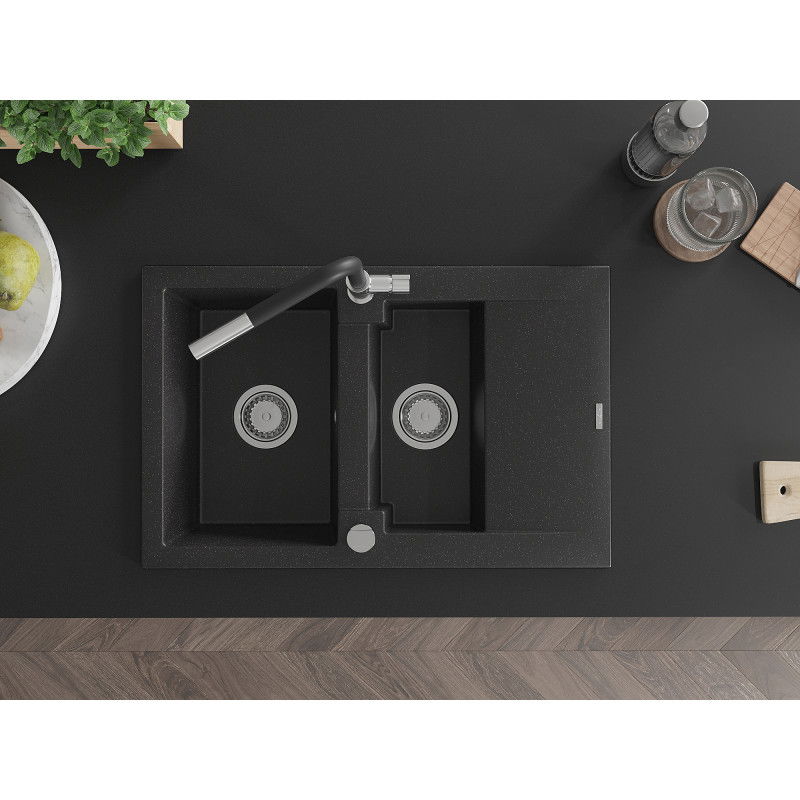 Mexen Gaspar granitdiskbänk 1,5-kammare med avrinningsyta och köksblandare Flora, svart/silver - 6507-73-670401-07