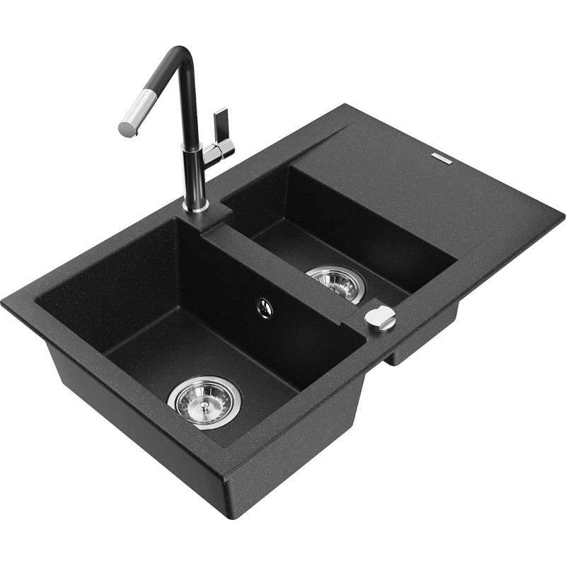 Mexen Gaspar Granitspüle 1,5-Kammer mit Abtropffläche und Küchenarmatur Flora, schwarz/silber - 6507-73-670401-07