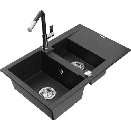 Mexen Gaspar fregadero de granito de 1,5 tazones con escurridor y grifo de cocina Flora, negro/plateado - 6507-73-670401-07