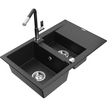 Mexen Gaspar Granitspüle 1,5-beckig mit Abtropffläche und Küchenarmatur Flora, schwarz/silber - 6507-73-670401-07