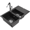 Mexen Gaspar 1.5-bowl granite sink with drainer and Flora kitchen tap, black/silver - 6507-73-670401-07