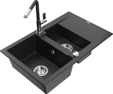 Mexen Gaspar 1.5-bowl granite sink with drainer and Flora kitchen tap, black/silver - 6507-73-670401-07