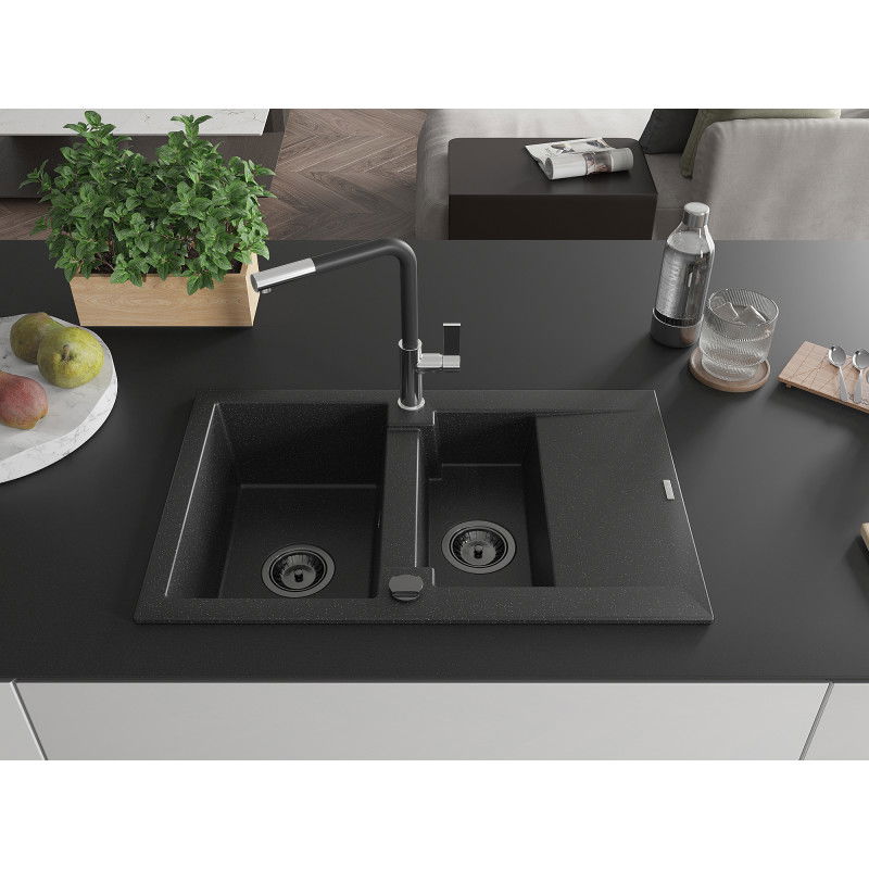 Mexen Gaspar Granitspüle 1,5-Becken mit Abtropffläche und Küchenarmatur Flora, schwarz/silber - 6507-73-670401-07-B