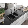 Mexen Gaspar granite kitchen sink 1.5-bowl with drainer and Flora kitchen tap, black/silver - 6507-73-670401-07-B