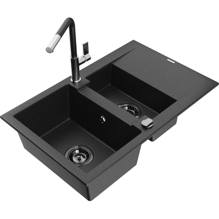 Mexen Gaspar fregadero de granito de 1,5 senos con escurridor y grifo cocina Flora, negro/plateado - 6507-73-670401-07-B