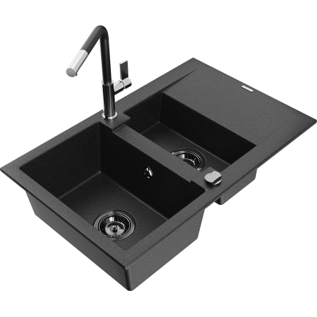 Mexen Gaspar granite kitchen sink 1.5-bowl with drainer and Flora kitchen tap, black/silver - 6507-73-670401-07-B