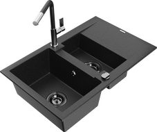 Mexen Gaspar granite kitchen sink 1.5-bowl with drainer and Flora kitchen tap, black/silver - 6507-73-670401-07-B