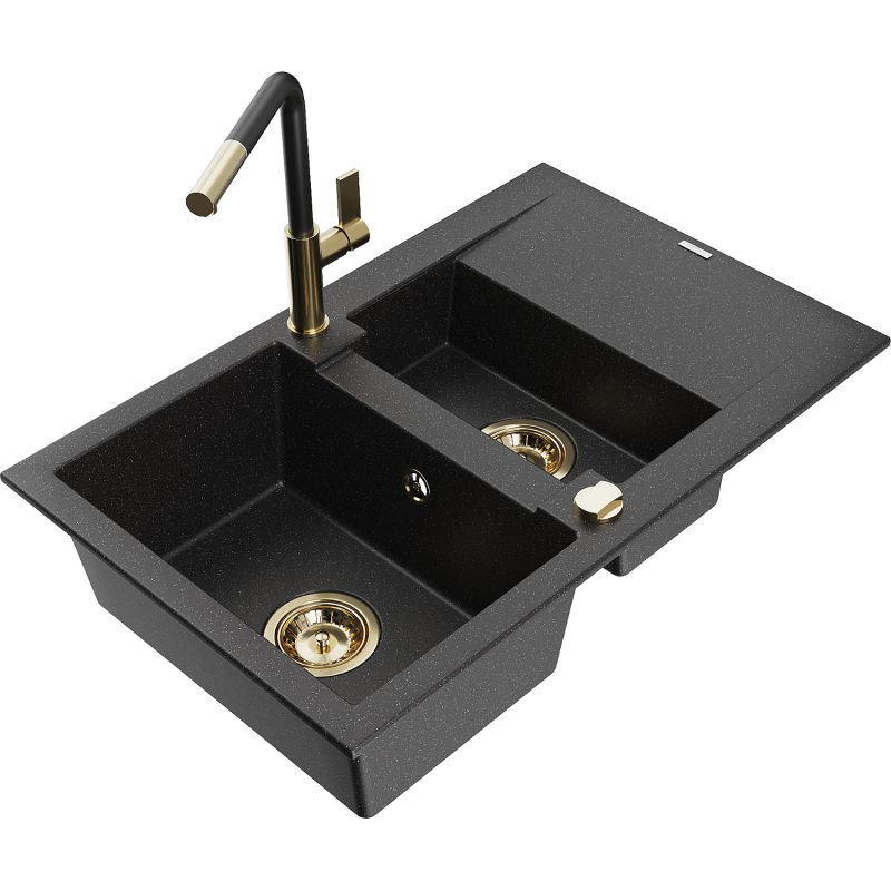 Mexen Gaspar fregadero de granito 1,5 tazones con escurridor y grifo de cocina Flora, negro/plata - 6507-73-670401-57-G