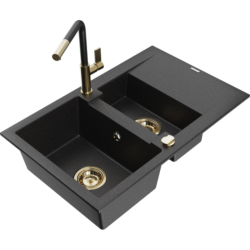 Mexen Gaspar lava-louça de granito de 1,5 cuba com escorredor e torneira de cozinha Flora, preto/prateado - 6507-73-670401-57-G