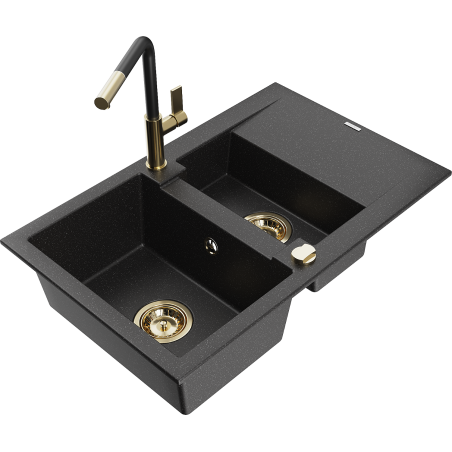 Mexen Gaspar Granitspüle 1,5-Becken mit Abtropfbereich und Küchenarmatur Flora, schwarz/silber - 6507-73-670401-57-G