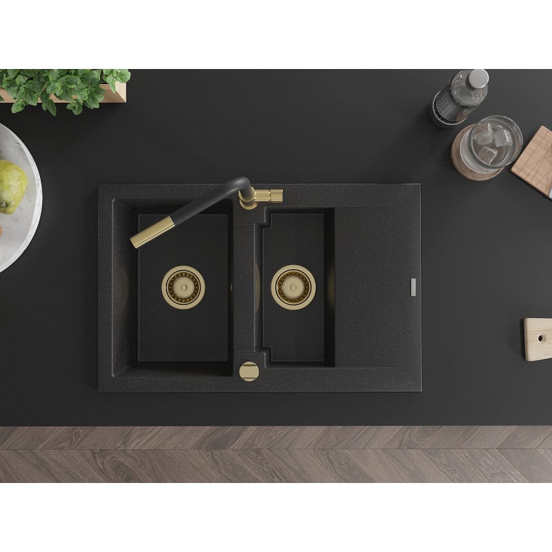 Mexen Gaspar Granitspüle 1,5-Becken mit Abtropfbereich und Küchenarmatur Flora, schwarz/silber - 6507-73-670401-57-G