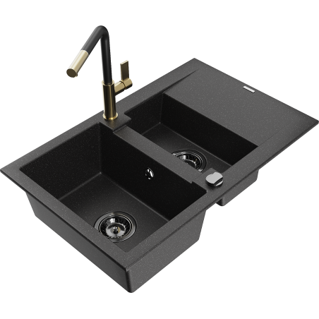 Mexen Gaspar lavello in granito 1,5 vasche con scolapiatti e rubinetto cucina Flora, nero/argento - 6507-73-670401-57-B