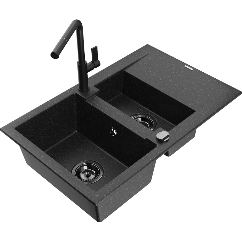 Mexen Gaspar granite kitchen sink 1.5-bowl with drainer and Flora kitchen tap, black/silver - 6507-73-670401-70-B