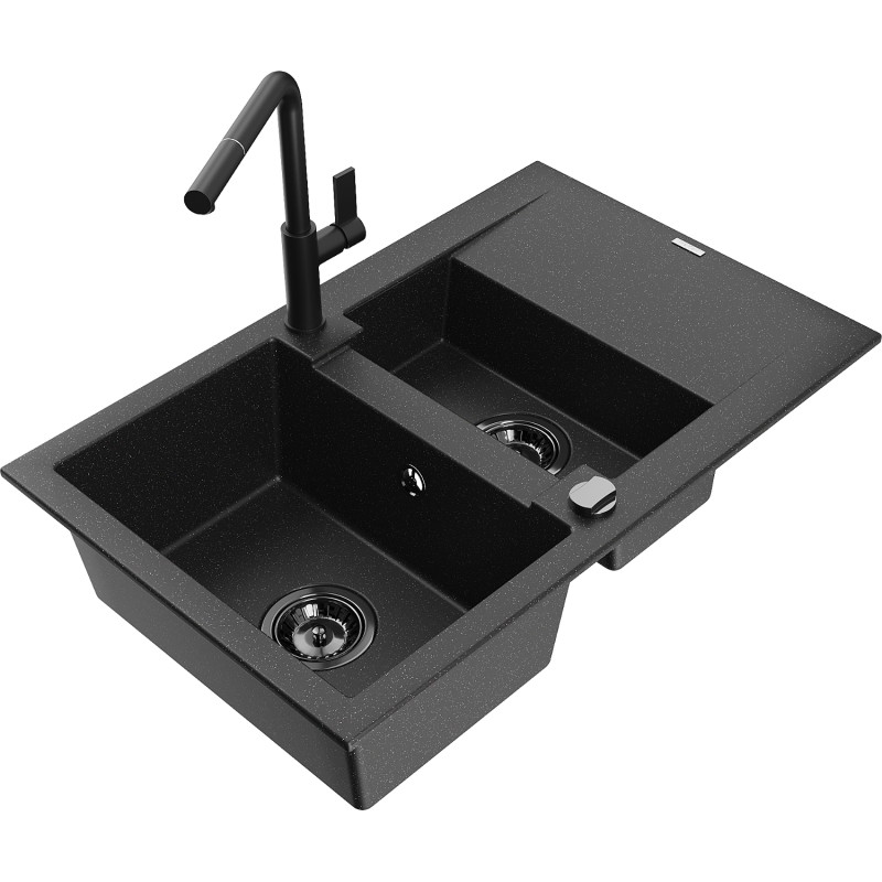 Mexen Gaspar Granitspüle 1,5-beckig mit Abtropffläche und Küchenarmatur Flora, schwarz/silber - 6507-73-670401-70-B