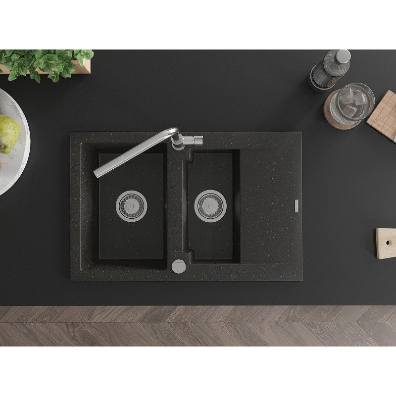 Mexen Gaspar fregadero de granito de 1,5 senos con escurridor y grifo de cocina Flora, negro/oro metálico - 6507-75-670401-00