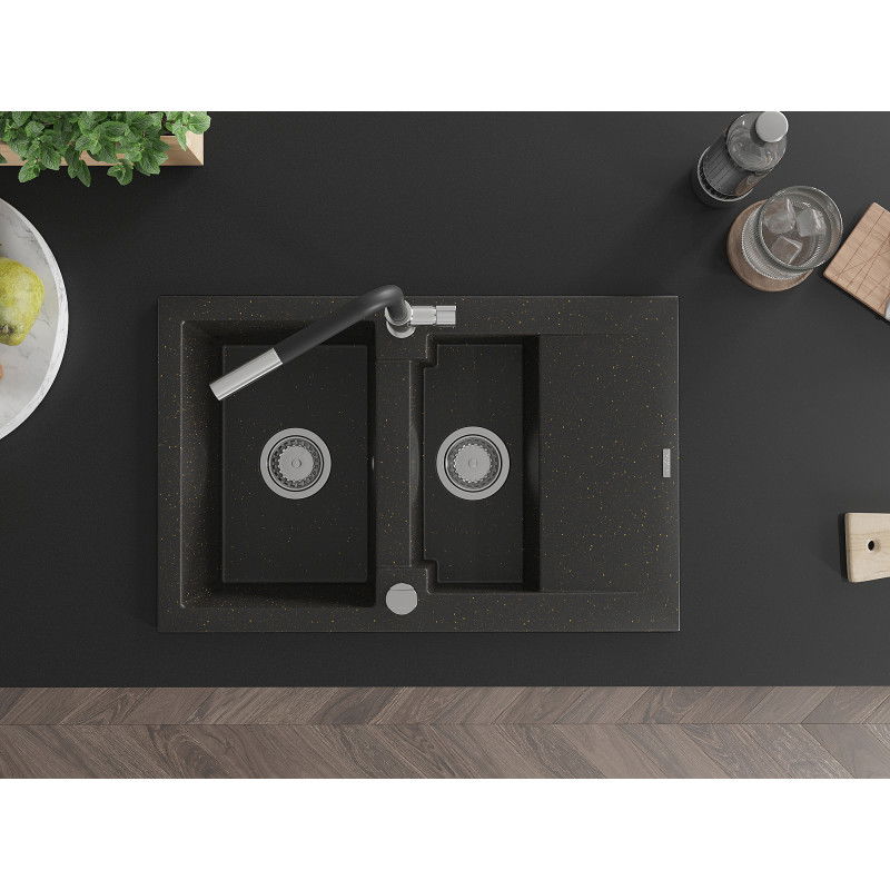 Mexen Gaspar granieten gootsteen met 1,5 kamer met afdruiprek en keukenkraan Flora, zwart/goud metallic - 6507-75-670401-07