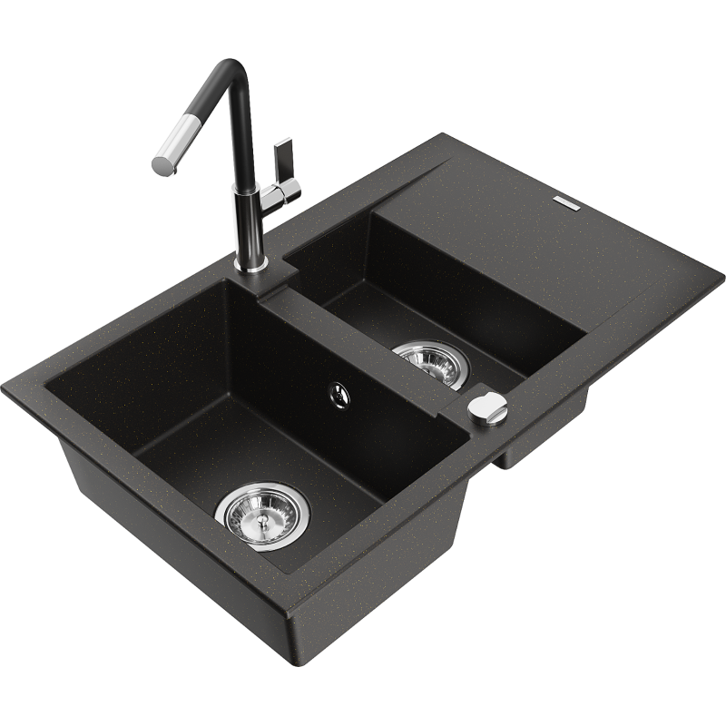 Mexen Gaspar fregadero de granito de 1,5 senos con escurridor y grifo de cocina Flora, negro/dorado metálico