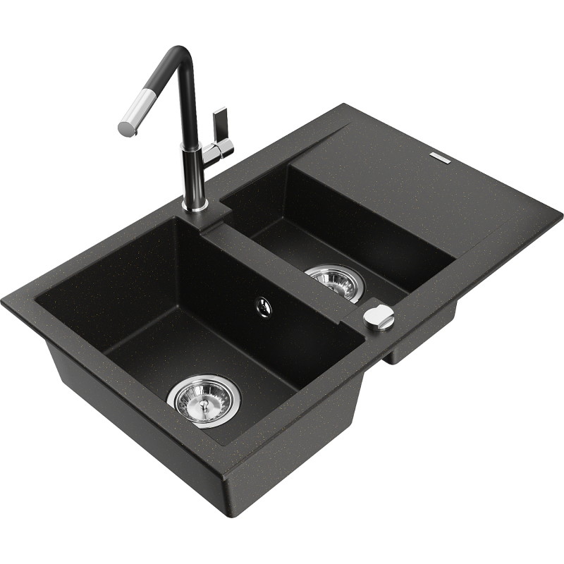 Mexen Gaspar Granitspüle 1,5-beckig mit Abtropffläche und Küchenarmatur Flora, schwarz/gold metallic - 6507-75-670401-07