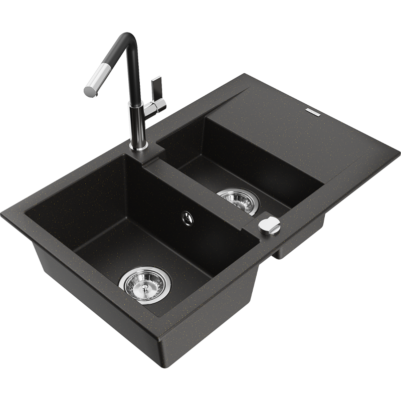 Mexen Gaspar lava-loiça de granito com 1,5 bacias com escorredor e torneira de cozinha Flora, preto/metálico dourado