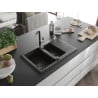 Mexen Gaspar Granitspüle 1,5-Becken mit Abtropffläche und Küchenarmatur Flora, schwarz/gold - 6507-75-670401-07-B