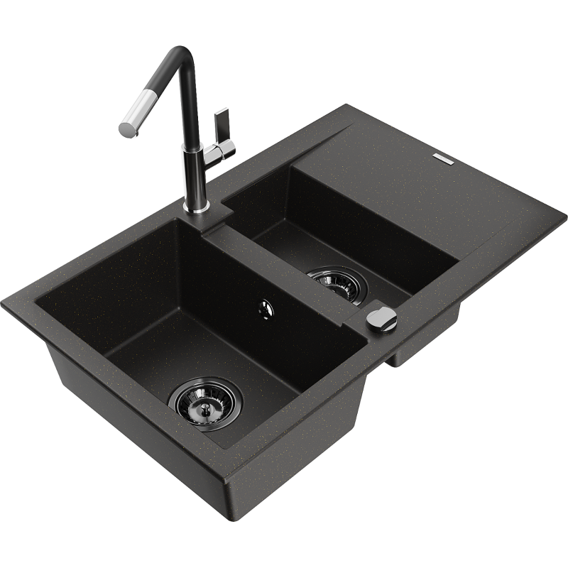 Mexen Gaspar évier en granit 1,5 bac avec égouttoir et robinet de cuisine Flora, noir/doré - 6507-75-670401-07-B