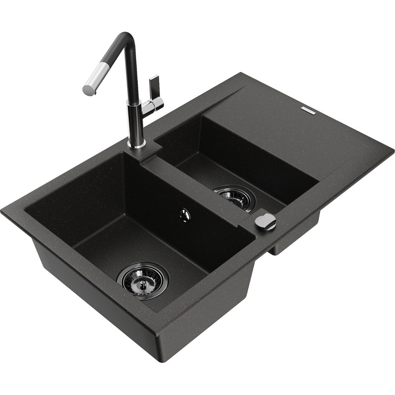 Mexen Gaspar granit gootsteen 1,5-komorige met afdruiprek en keukenmengkraan Flora, zwart/goud - 6507-75-670401-07-B