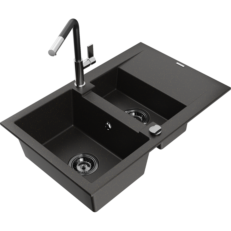 Mexen Gaspar Granitspüle 1,5-Becken mit Abtropffläche und Küchenarmatur Flora, schwarz/gold - 6507-75-670401-07-B