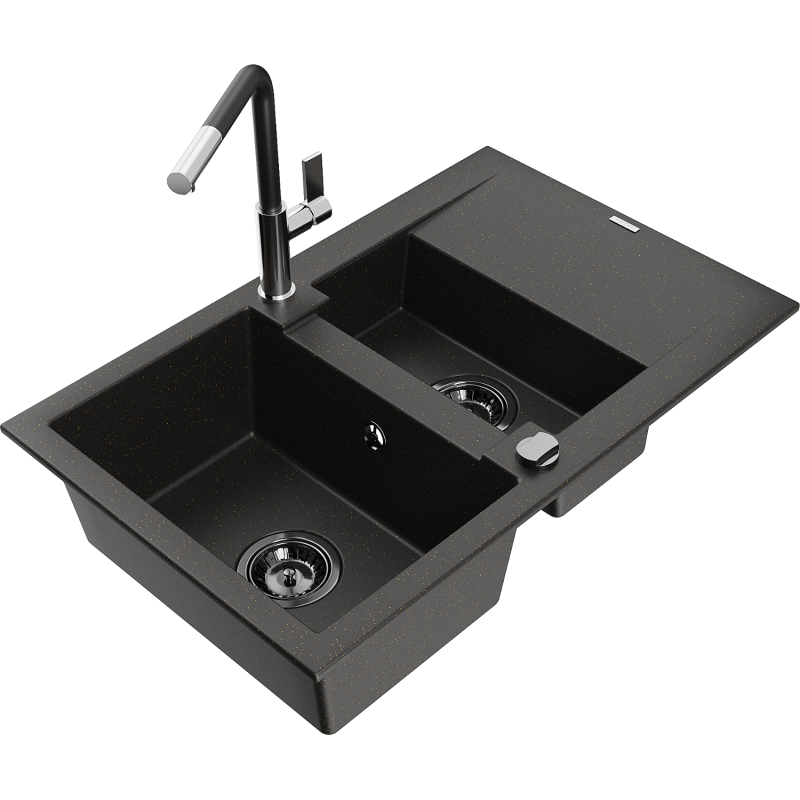 Mexen Gaspar lavello in granito 1,5 vasche con scolapiatti e rubinetto da cucina Flora, nero/oro - 6507-75-670401-07-B