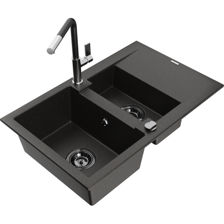 Mexen Gaspar Granitspüle 1,5-Becken mit Abtropffläche und Küchenarmatur Flora, schwarz/gold - 6507-75-670401-07-B