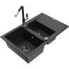 Mexen Gaspar granite sink 1.5-bowl with drainer and Flora kitchen tap, black/gold - 6507-75-670401-07-B