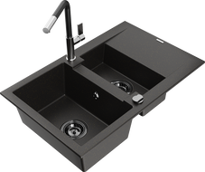 Mexen Gaspar granite sink 1.5-bowl with drainer and Flora kitchen faucet, black/gold - 6507-75-670401-07-B