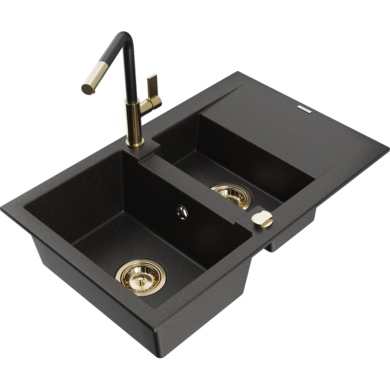 Mexen Gaspar fregadero de granito 1,5 cubetas con escurridor y grifo de cocina Flora, negro/dorado - 6507-75-670401-57-G