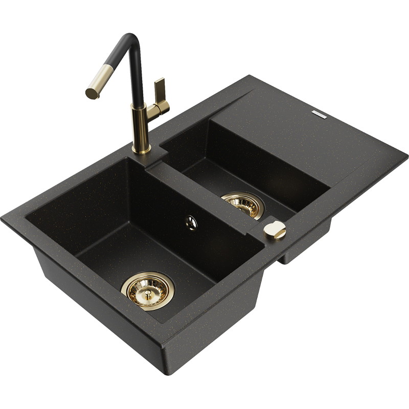 Mexen Gaspar Granitspüle 1,5-Becken mit Abtropffläche und Küchenarmatur Flora, schwarz/golden - 6507-75-670401-57-G