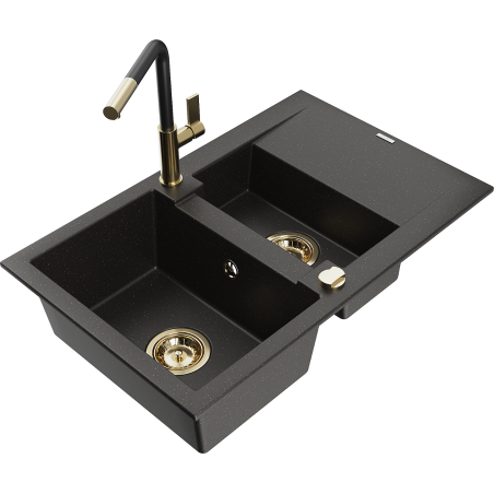 Mexen Gaspar fregadero de granito 1,5 cubetas con escurridor y grifo de cocina Flora, negro/dorado - 6507-75-670401-57-G