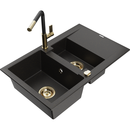 Mexen Gaspar granitā izlietne ar 1,5 nodalījumiem, ar ūdensnoteces sistēmu un Flora virtuves bateriju, melna/zeltīta
