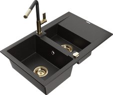 Mexen Gaspar granite sink 1.5-bowl with drainer and Flora kitchen tap, black/gold - 6507-75-670401-57-G