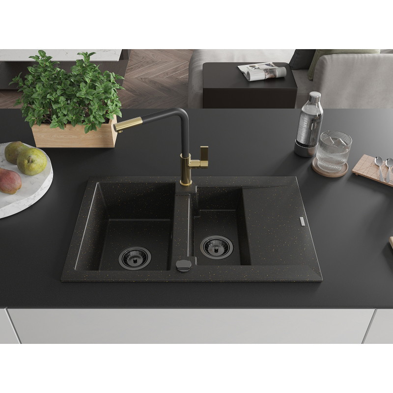 Mexen Gaspar fregadero de granito de 1,5 cubetas con escurridor y grifo de cocina Flora, negro/dorado - 6507-75-670401-57-B