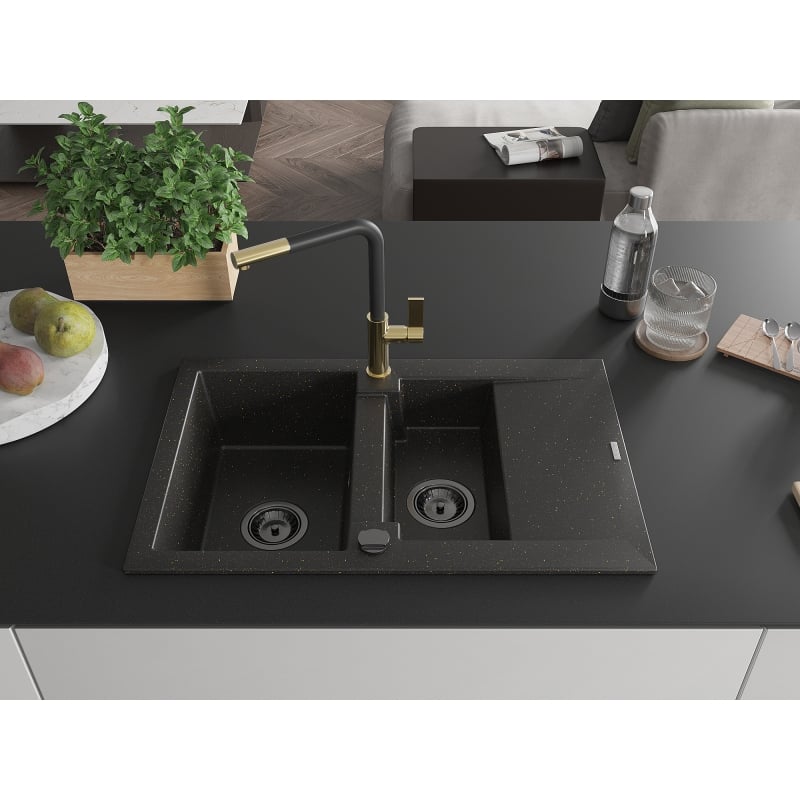 Mexen Gaspar Granitspüle 1,5-beckig mit Abtropffläche und Küchenarmatur Flora, schwarz/gold - 6507-75-670401-57-B