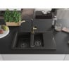 Mexen Gaspar Granitspüle 1,5-beckig mit Abtropffläche und Küchenarmatur Flora, schwarz/gold - 6507-75-670401-57-B