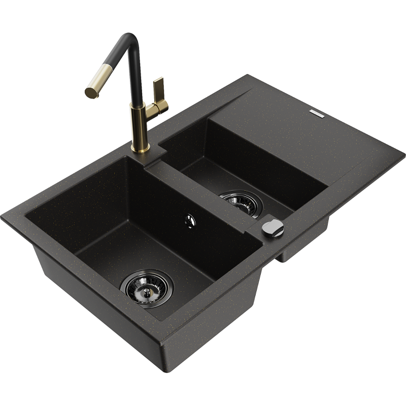 Mexen Gaspar granite sink 1.5-bowl with drainer and Flora kitchen tap, black/gold - 6507-75-670401-57-B