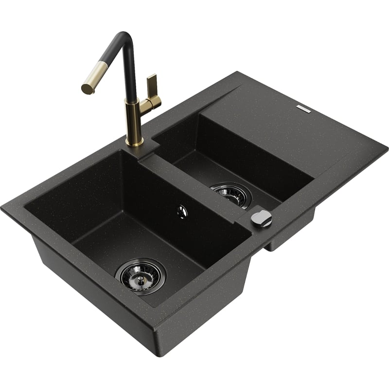 Mexen Gaspar Granitspüle 1,5-beckig mit Abtropffläche und Küchenarmatur Flora, schwarz/gold - 6507-75-670401-57-B