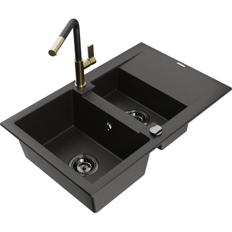 Mexen Gaspar Granitspüle 1,5-beckig mit Abtropffläche und Küchenarmatur Flora, schwarz/gold - 6507-75-670401-57-B